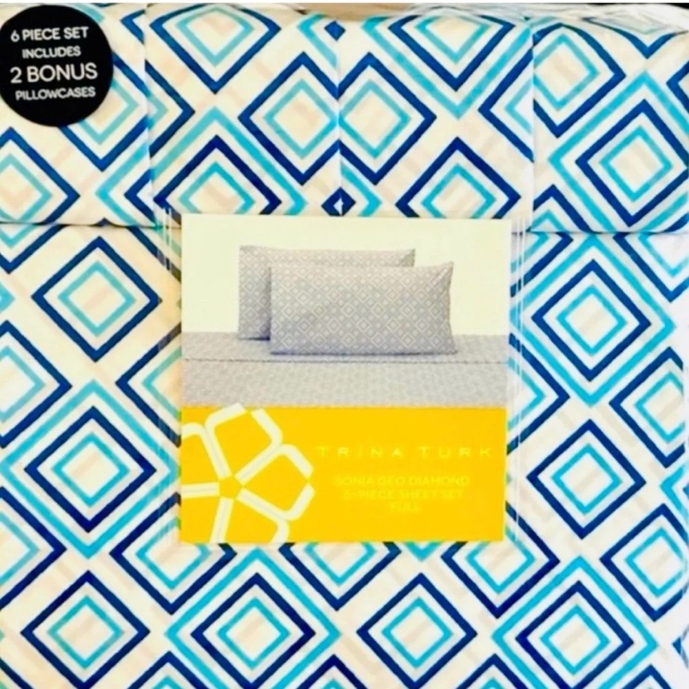 Full Sheets Set Trina Turk  Blue Teal & White Geometric NEW